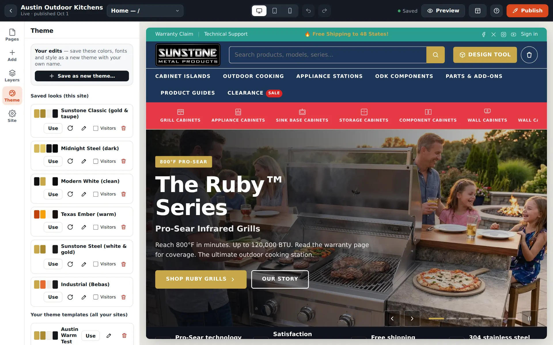 The Hubbase Builder with the Theme panel open: saved looks, colours and fonts for the site