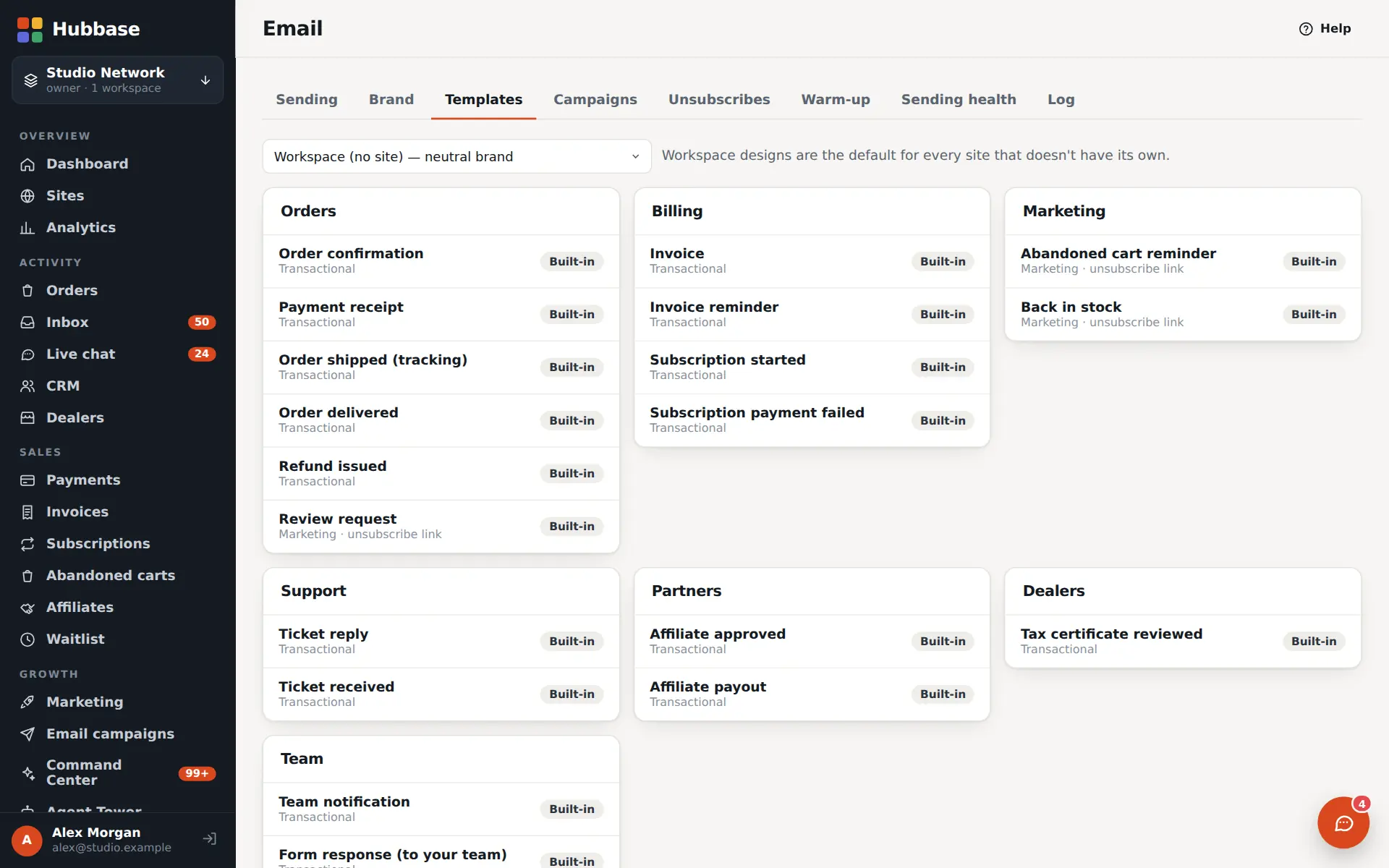 In Hubbase · Email: Every customer email in the brand